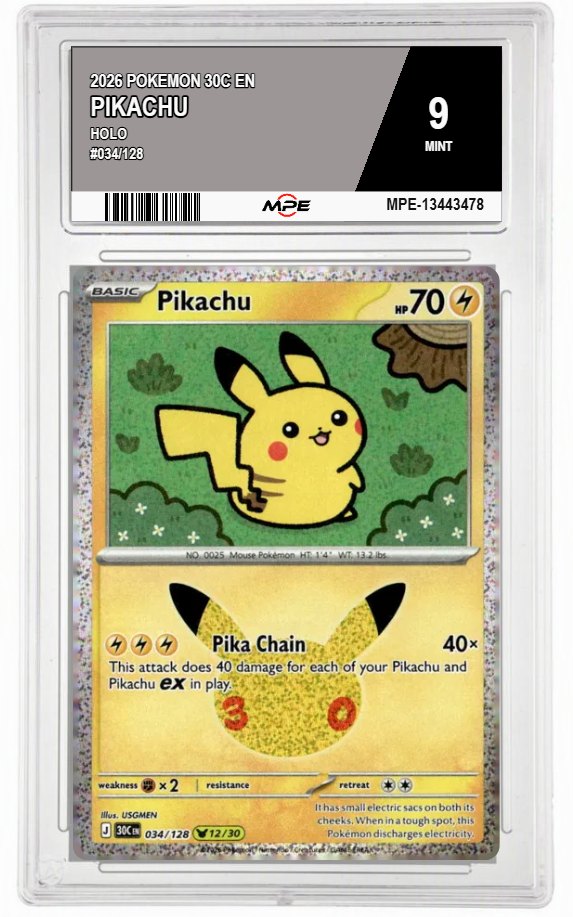 2026 POKEMON 30C EN HOLO #034/128 PIKACHU MPE 9 MINT — graded card auctioned from the MPE vault