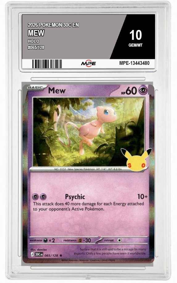 2026 POKEMON 30C EN HOLO #065/128 MEW MPE 10 GEM/MT — graded card up for auction