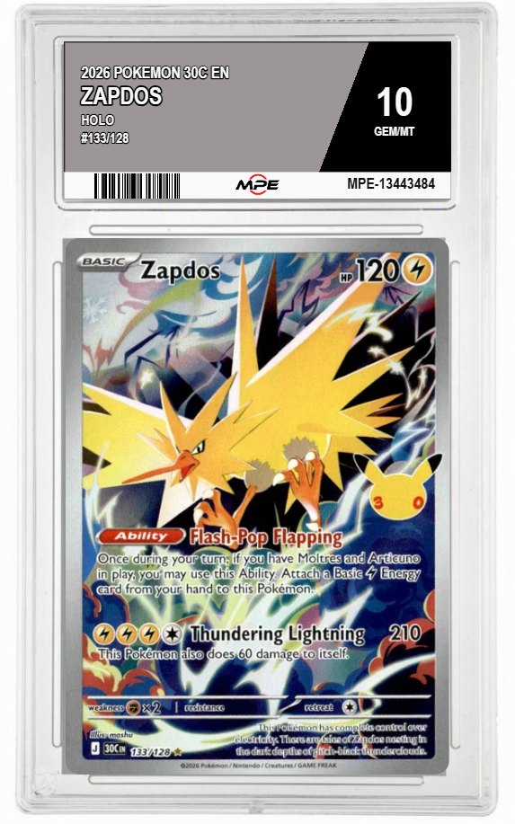 2026 POKEMON 30C EN HOLO #133/128 ZAPDOS MPE 10 GEM/MT — graded card auctioned from the MPE vault