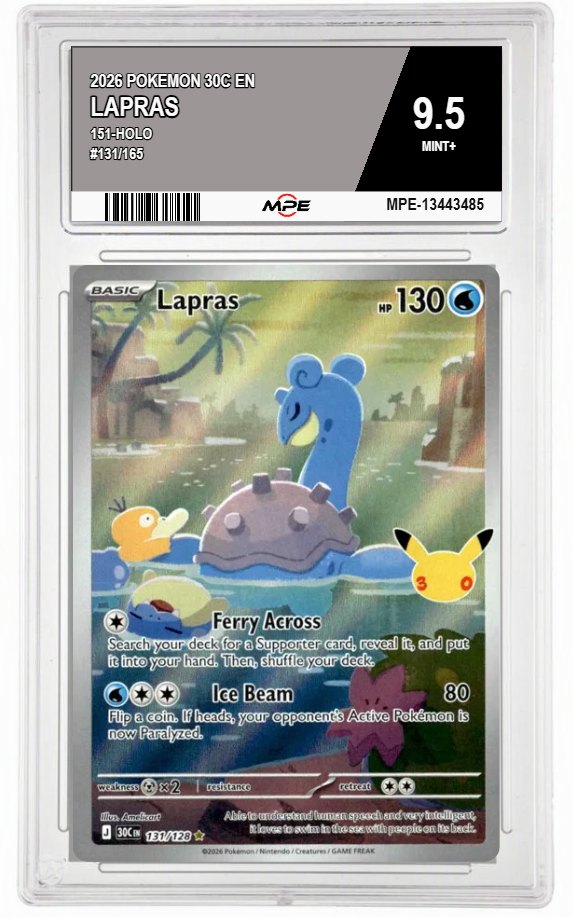 2026 POKEMON 30C EN 151-HOLO #131/165 LAPRAS MPE 9.5 MINT+ — graded card auctioned from the MPE vault