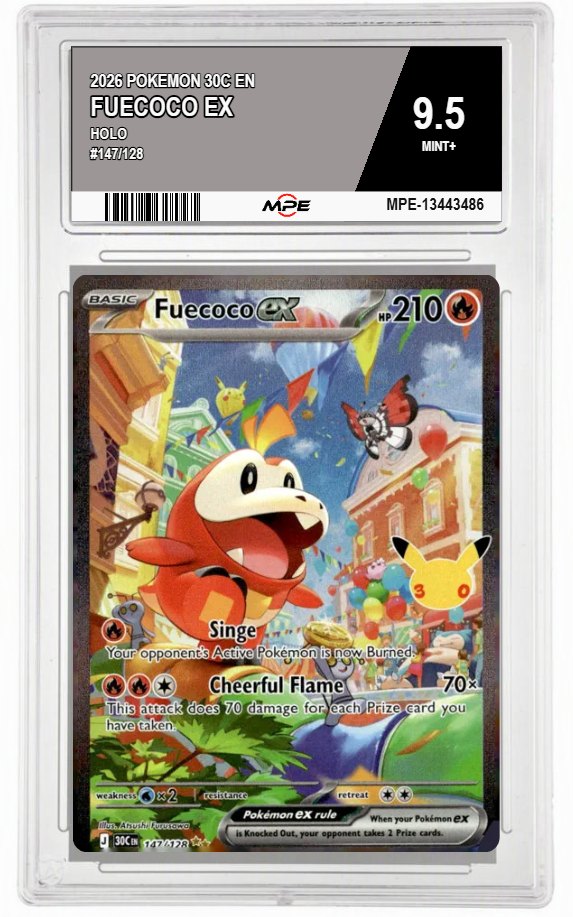 2026 POKEMON 30C EN HOLO #147/128 FUECOCO EX MPE 9.5 MINT+ — graded card auctioned from the MPE vault