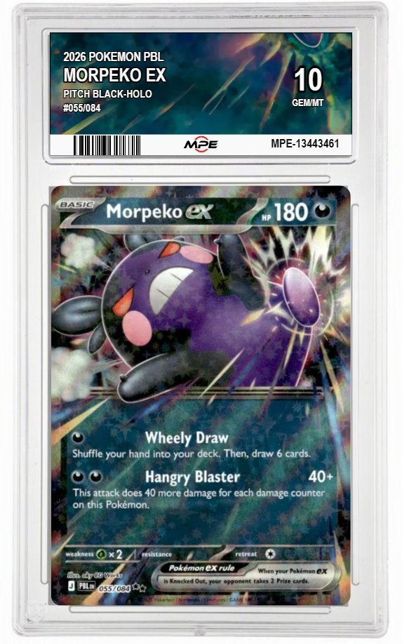 2026 POKEMON PBL PITCH BLACK-HOLO #055/084 MORPEKO EX MPE 10 GEM/MT — graded card auctioned from the MPE vault