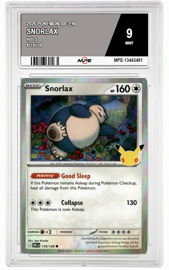 2026 POKEMON 30C EN HOLO #119/128 SNORLAX MPE 9 MINT — graded card auctioned from the MPE vault