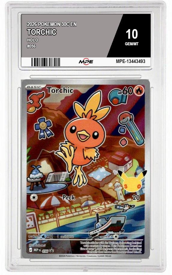 2026 POKEMON 30C EN HOLO #056 TORCHIC MPE 10 GEM/MT — graded card auctioned from the MPE vault