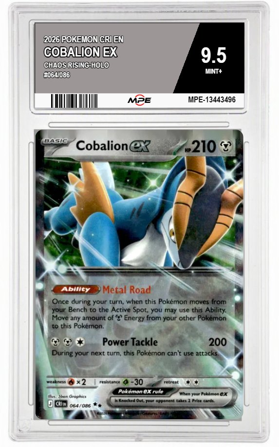 2026 POKEMON CRI EN CHAOS RISING-HOLO #064/086 COBALION EX MPE 9.5 MINT+ — graded card auctioned from the MPE vault