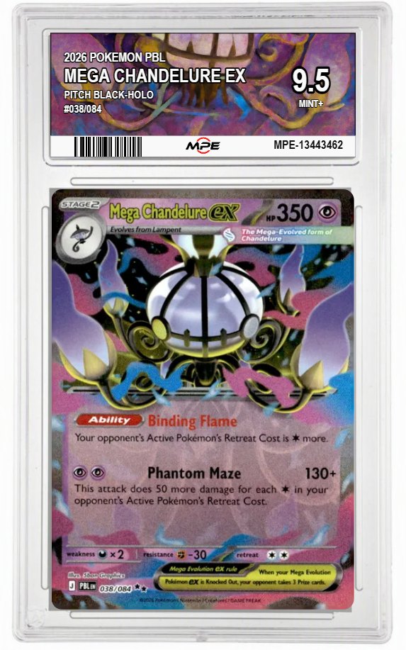 2026 POKEMON PBL PITCH BLACK-HOLO #038/084 MEGA CHANDELURE EX MPE 9.5 MINT+ — graded card auctioned from the MPE vault