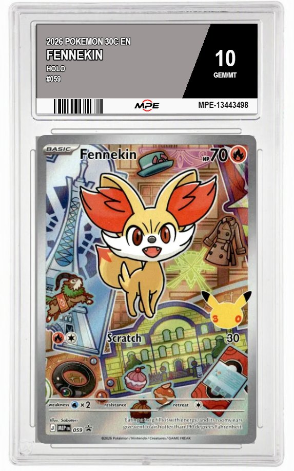 2026 POKEMON 30C EN HOLO #059 FENNEKIN MPE 10 GEM/MT — graded card auctioned from the MPE vault