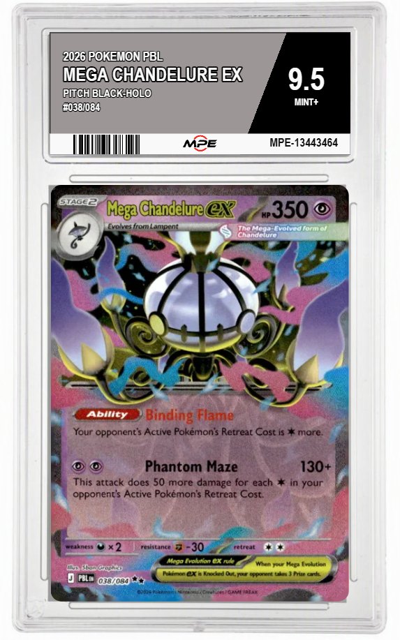 2026 POKEMON PBL PITCH BLACK-HOLO #038/084 MEGA CHANDELURE EX MPE 9.5 MINT+ — graded card auctioned from the MPE vault