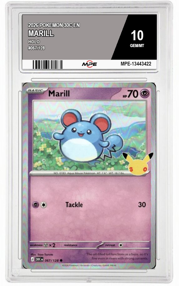 2026 POKEMON 30C EN HOLO #067/128 MARILL MPE 10 GEM/MT — graded card auctioned from the MPE vault