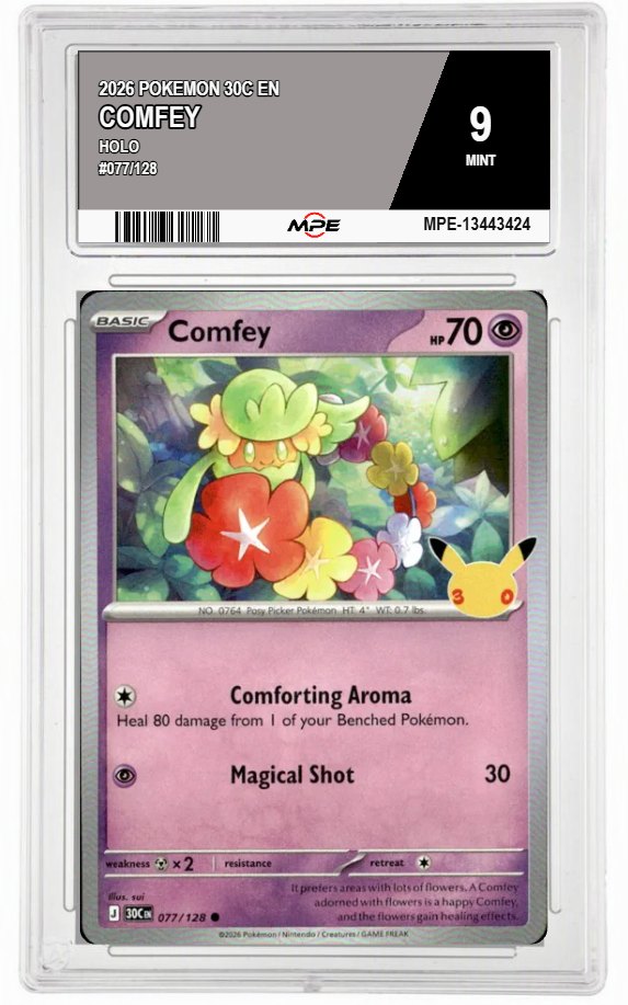 2026 POKEMON 30C EN HOLO #077/128 COMFEY MPE 9 MINT — graded card auctioned from the MPE vault