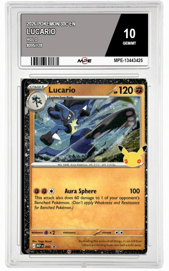 2026 POKEMON 30C EN HOLO #095/128 LUCARIO MPE 10 GEM/MT — graded card auctioned from the MPE vault