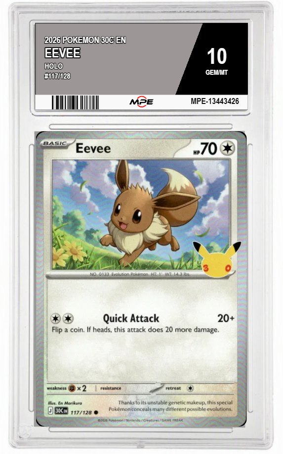 2026 POKEMON 30C EN HOLO #117/128 EEVEE MPE 10 GEM/MT — graded card auctioned from the MPE vault