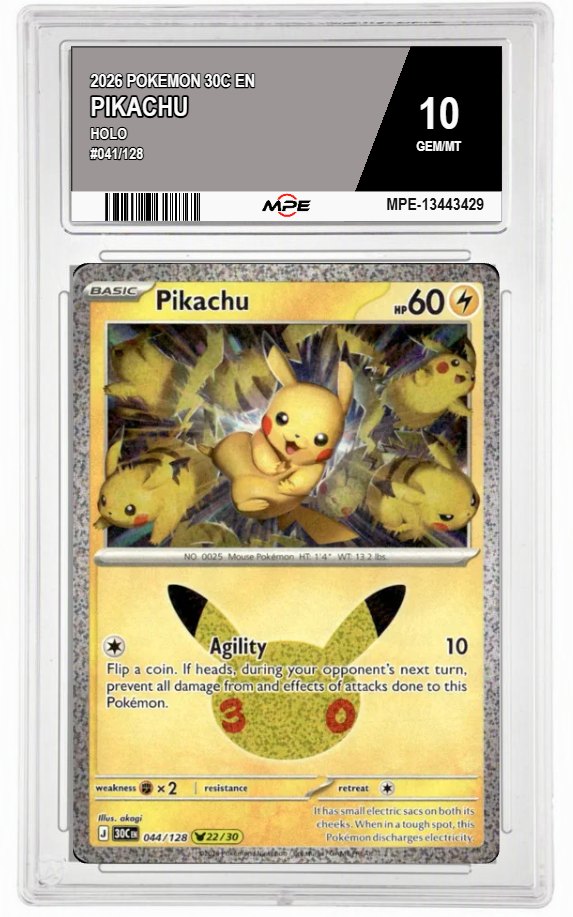 2026 POKEMON 30C EN HOLO #041/128 PIKACHU MPE 10 GEM/MT — graded card auctioned from the MPE vault
