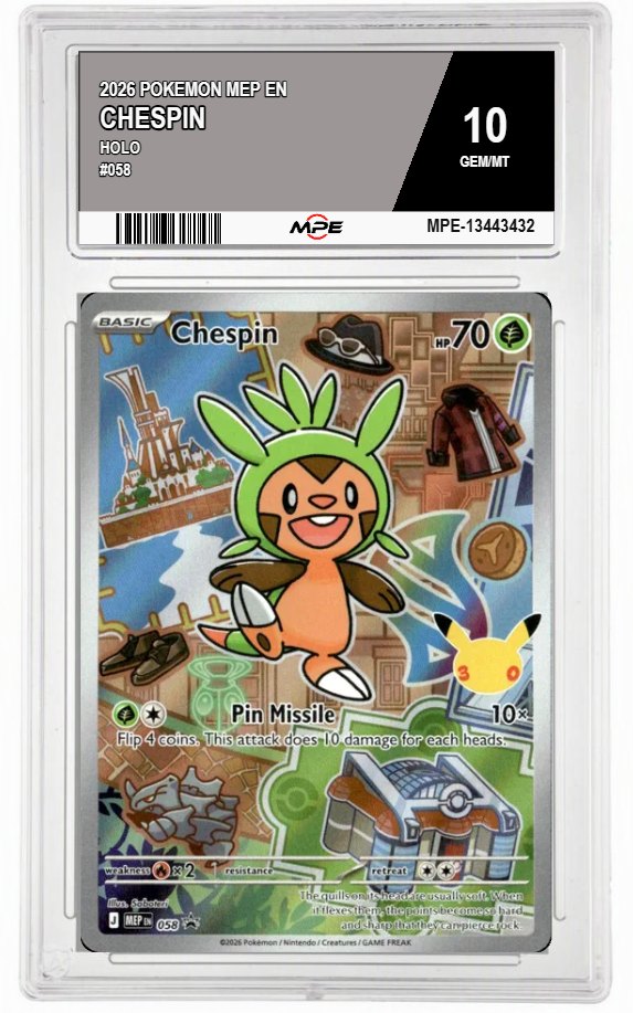 2026 POKEMON MEP EN HOLO #058 CHESPIN MPE 10 GEM/MT — graded card auctioned from the MPE vault