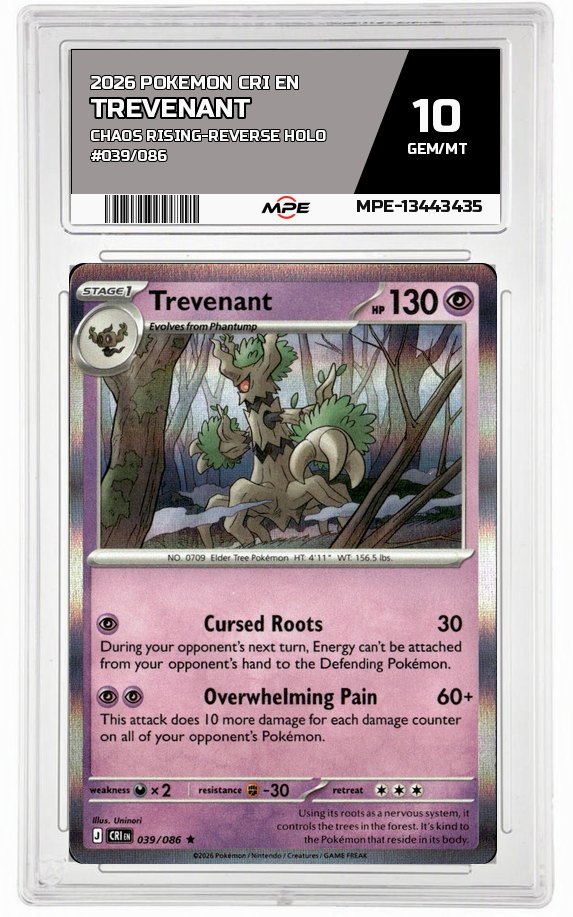 2026 POKEMON CRI EN CHAOS RISING-REV HOLO #039/086 TREVENANT MPE 10 GEM/MT — graded card auctioned from the MPE vault