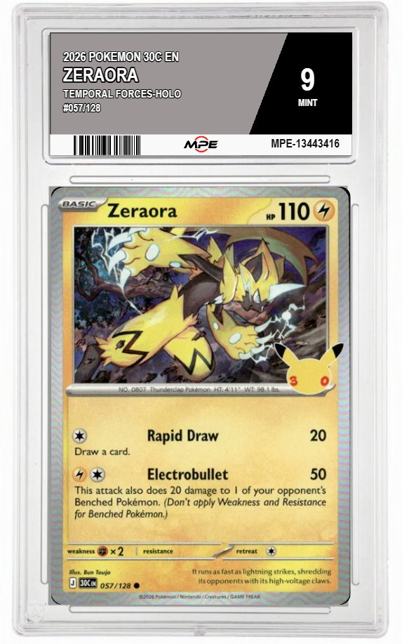 2026 POKEMON 30C EN TEMPORAL FORCES-HOLO #057/128 ZERAORA MPE 9 MINT — graded card auctioned from the MPE vault
