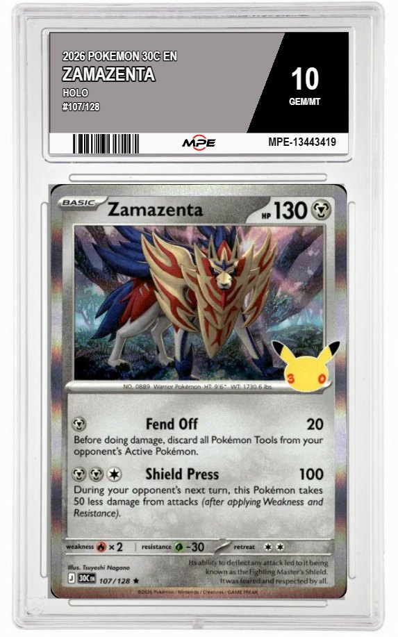 2026 POKEMON 30C EN HOLO #107/128 ZAMAZENTA MPE 10 GEM/MT — graded card auctioned from the MPE vault