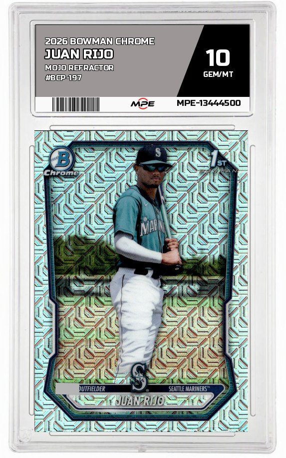 2026 BOWMAN CHROME MOJO REFRACTOR #BCP-197 JUAN RIJO MPE 10 GEM/MT — graded card auctioned from the MPE vault