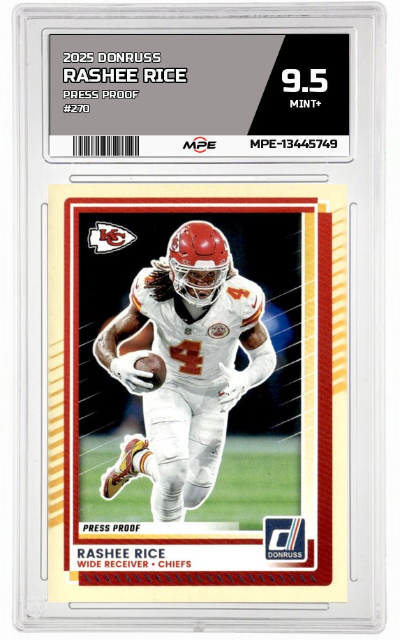 2025 DONRUSS PRESS PROOF #270 RASHEE RICE MPE 9.5 MINT+ — graded card auctioned from the MPE vault