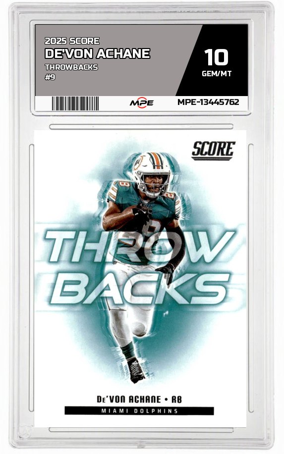 2025 SCORE THROWBACKS #9 DE'VON ACHANE MPE 10 GEM/MT — graded card auctioned from the MPE vault