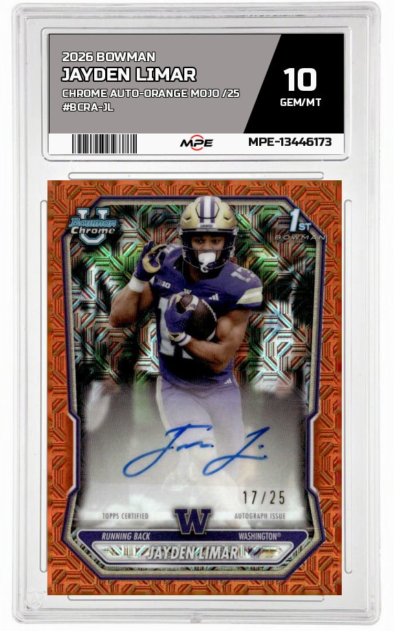 2026 BOWMAN CHROME AUTO-ORANGE MOJO /25 #BCRA-JL JAYDEN LIMAR MPE 10 GEM/MT — graded card auctioned from the MPE vault