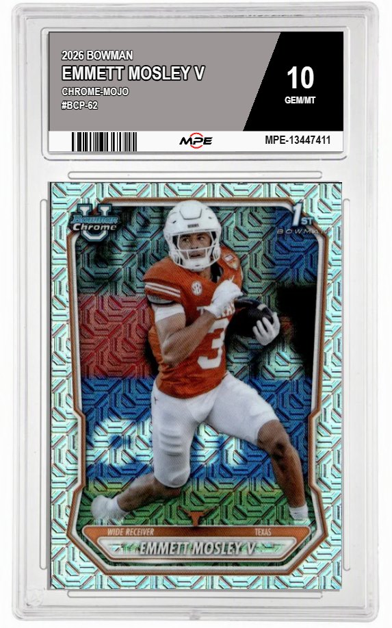 2026 BOWMAN CHROME-MOJO #BCP-62 EMMETT MOSLEY V MPE 10 GEM/MT — graded card auctioned from the MPE vault
