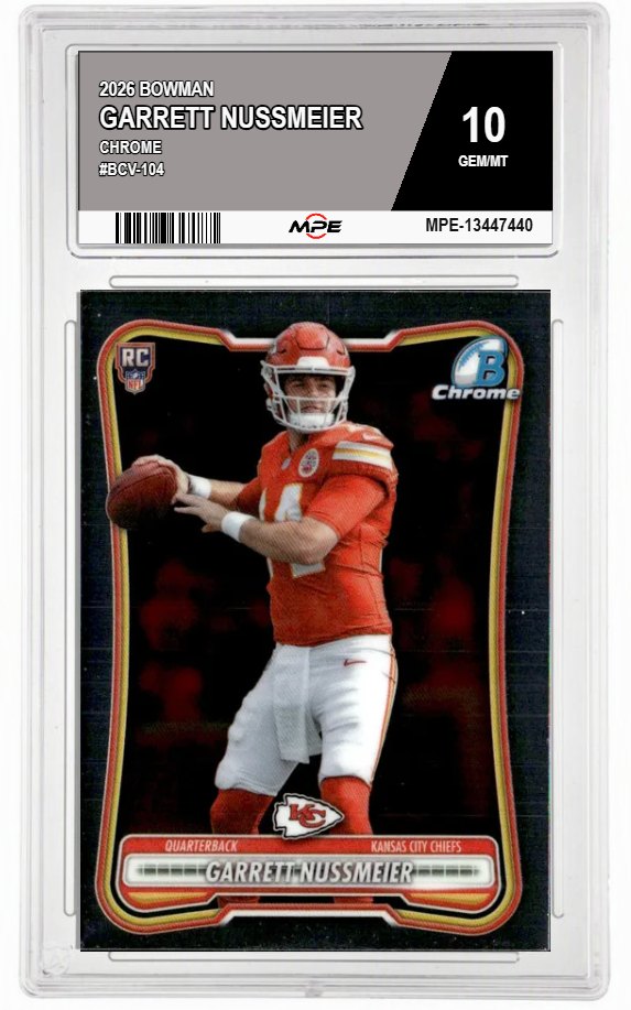 2026 BOWMAN CHROME #BCV-104 GARRETT NUSSMEIER MPE 10 GEM/MT — graded card auctioned from the MPE vault