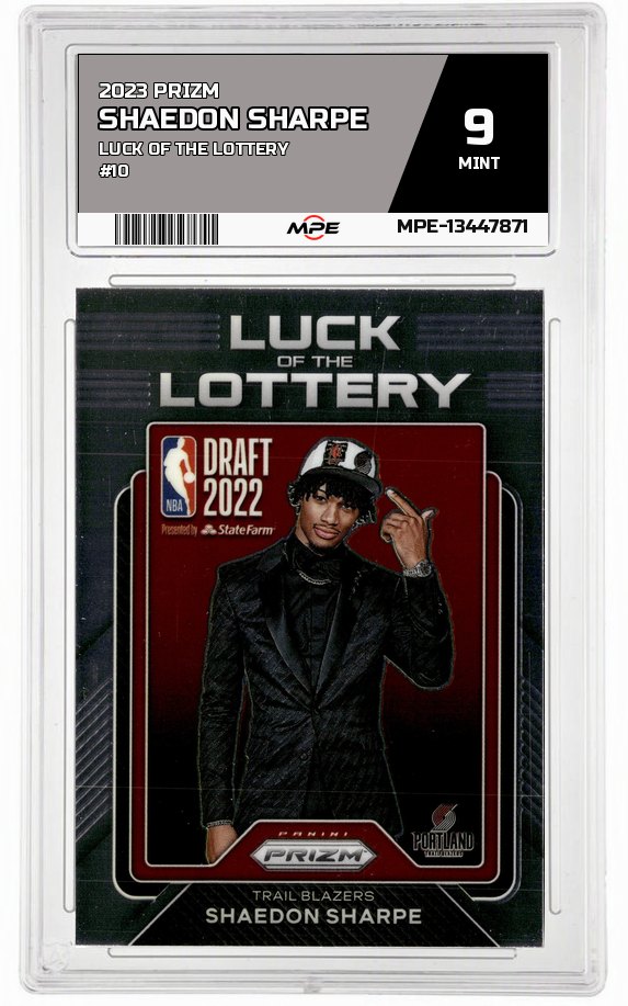 2023 PRIZM LUCK OF THE LOTTERY #10 SHAEDON SHARPE MPE 9 MINT — graded card auctioned from the MPE vault