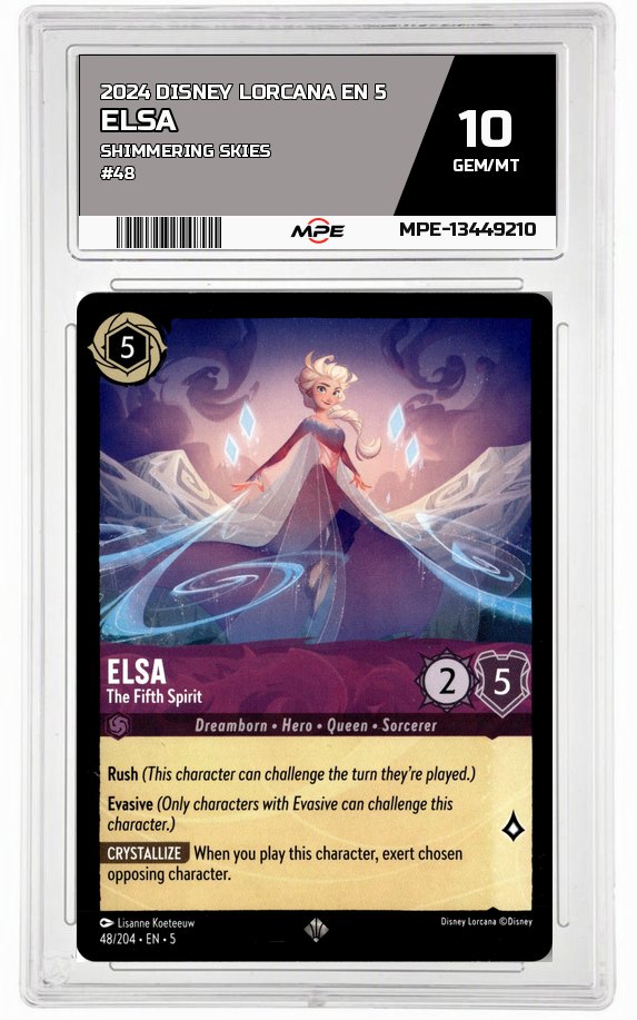 2024 DISNEY LORCANA EN 5 Shimmering Skies #48 ELSA MPE 10 GEM/MT — graded card auctioned from the MPE vault