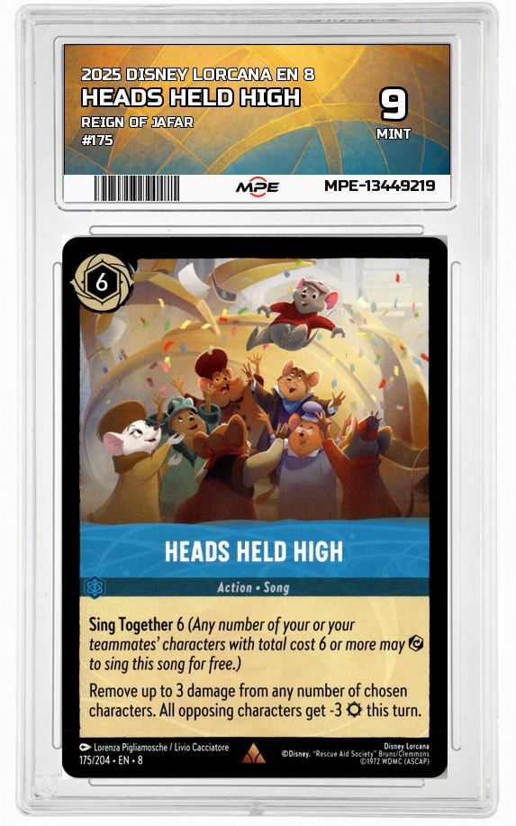 2025 DISNEY LORCANA EN 8 Reign of Jafar #175 HEADS HELD HIGH MPE 9 MINT — graded card auctioned from the MPE vault