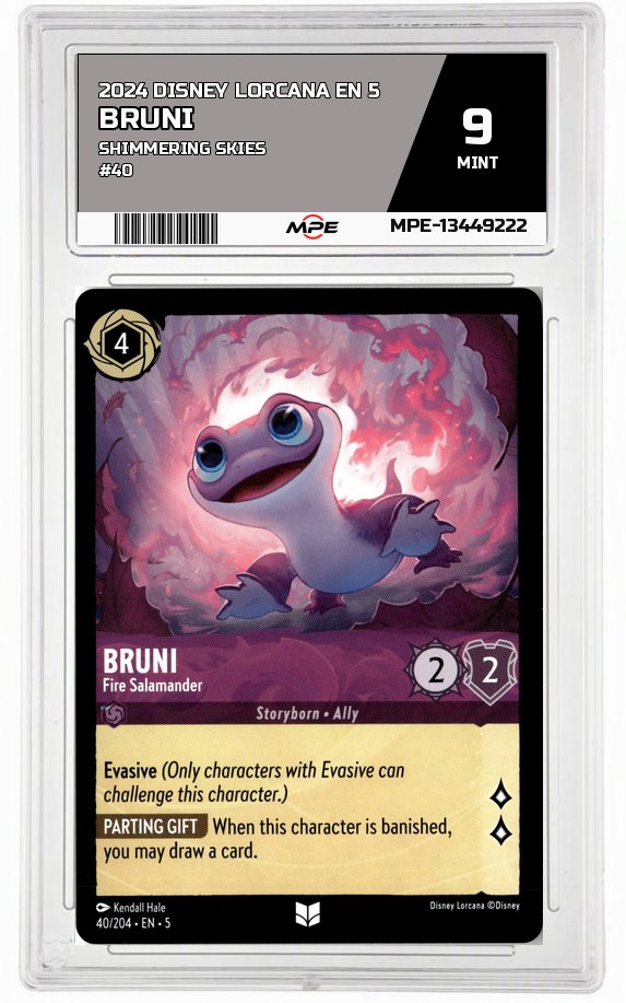 2024 DISNEY LORCANA EN 5 Shimmering Skies #40 BRUNI MPE 9 MINT — graded card auctioned from the MPE vault