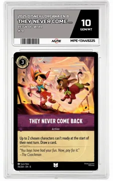 2025 DISNEY LORCANA EN 8 Reign of Jafar #78 They Never Come Back MPE 10 GEM/MT — graded card up for auction