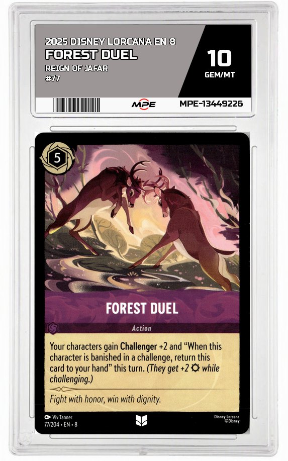 2025 DISNEY LORCANA EN 8 Reign of Jafar #77 FOREST DUEL MPE 10 GEM/MT — graded card auctioned from the MPE vault
