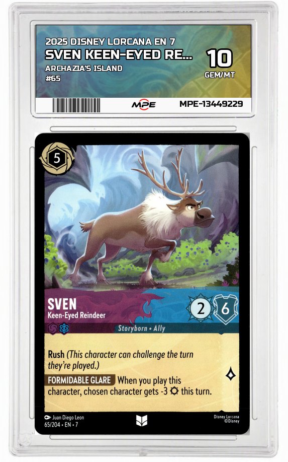 2025 DISNEY LORCANA EN 7 Archazia's Island #65 SVEN KEEN-EYED REINDEER MPE 10 GEM/MT — graded card auctioned from the MPE vault