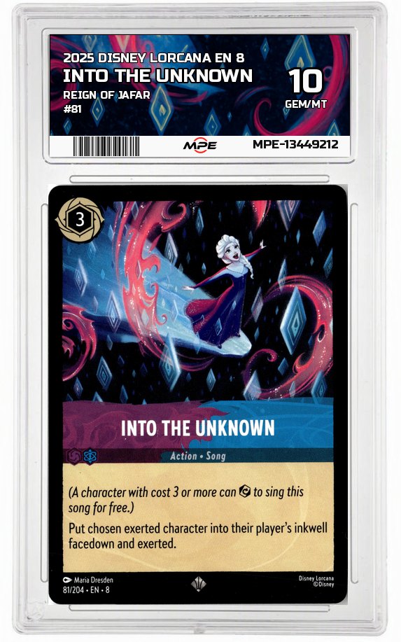2025 DISNEY LORCANA EN 8 Reign of Jafar #81 Into The UNknown MPE 10 GEM/MT — graded card auctioned from the MPE vault