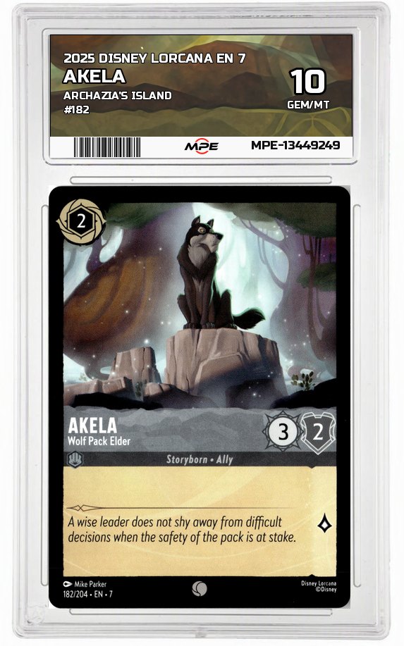 2025 DISNEY LORCANA EN 7 Archazia's Island #182 AKELA MPE 10 GEM/MT — graded card auctioned from the MPE vault