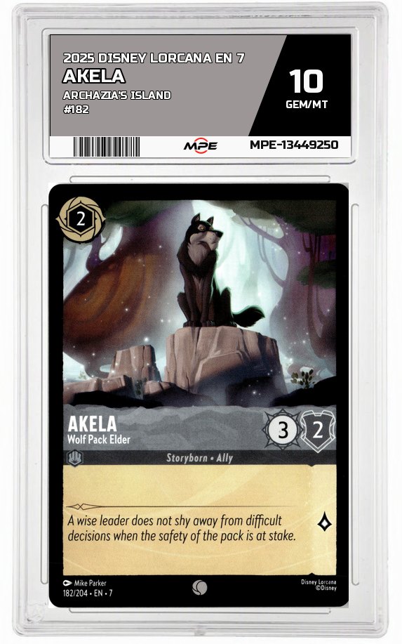 2025 DISNEY LORCANA EN 7 Archazia's Island #182 AKELA MPE 10 GEM/MT — graded card auctioned from the MPE vault