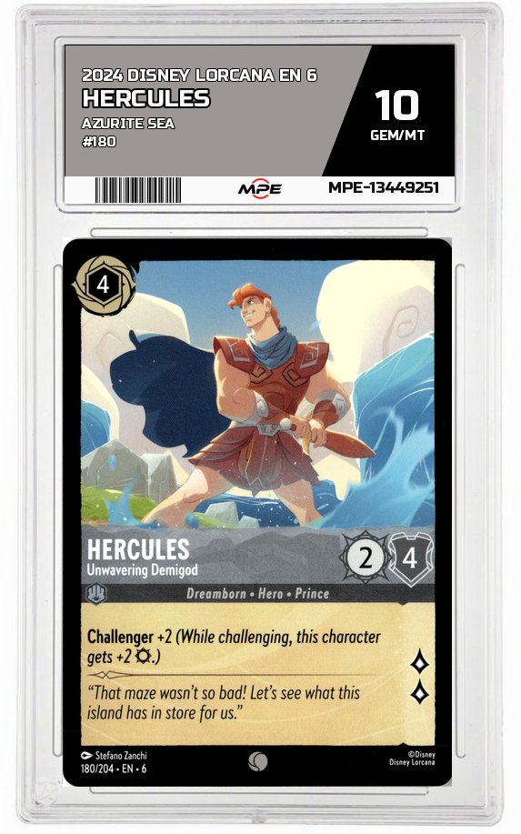 2024 DISNEY LORCANA EN 6 Azurite Sea #180 HERCULES MPE 10 GEM/MT — graded card auctioned from the MPE vault