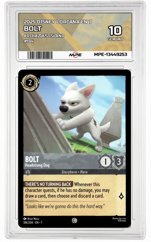 2025 DISNEY LORCANA EN 7 Archazia's Island #184 BOLT MPE 10 GEM/MT — graded card auctioned from the MPE vault