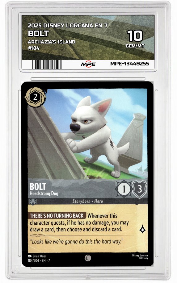 2025 DISNEY LORCANA EN 7 Archazia's Island #184 BOLT MPE 10 GEM/MT — graded card auctioned from the MPE vault