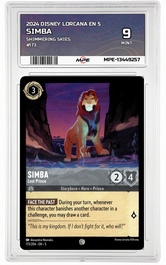 2024 DISNEY LORCANA EN 5 Shimmering Skies #173 SIMBA MPE 9 MINT — graded card auctioned from the MPE vault