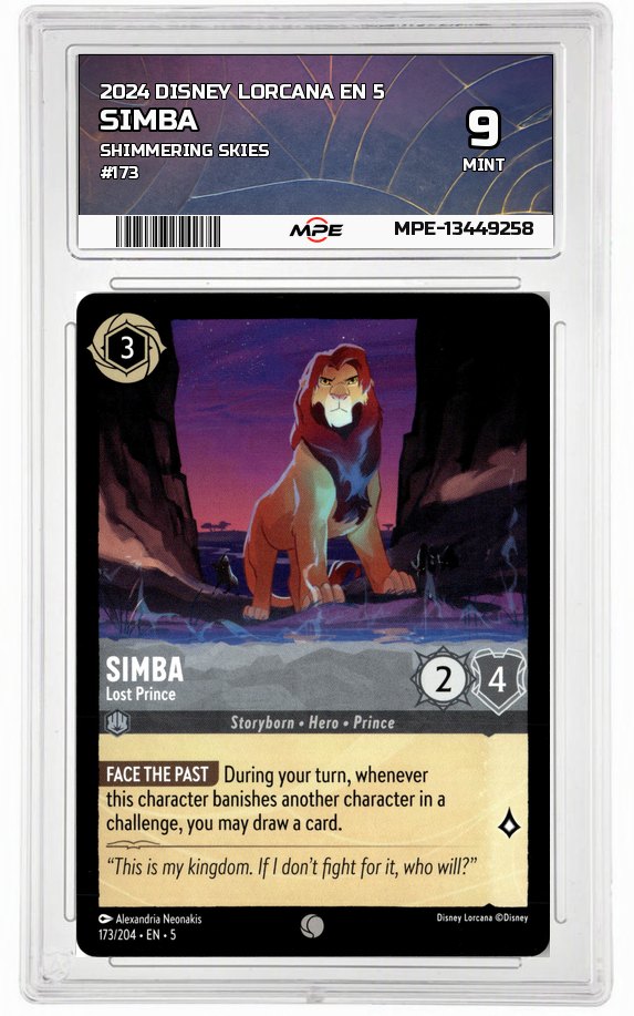 2024 DISNEY LORCANA EN 5 Shimmering Skies #173 SIMBA MPE 9 MINT — graded card auctioned from the MPE vault