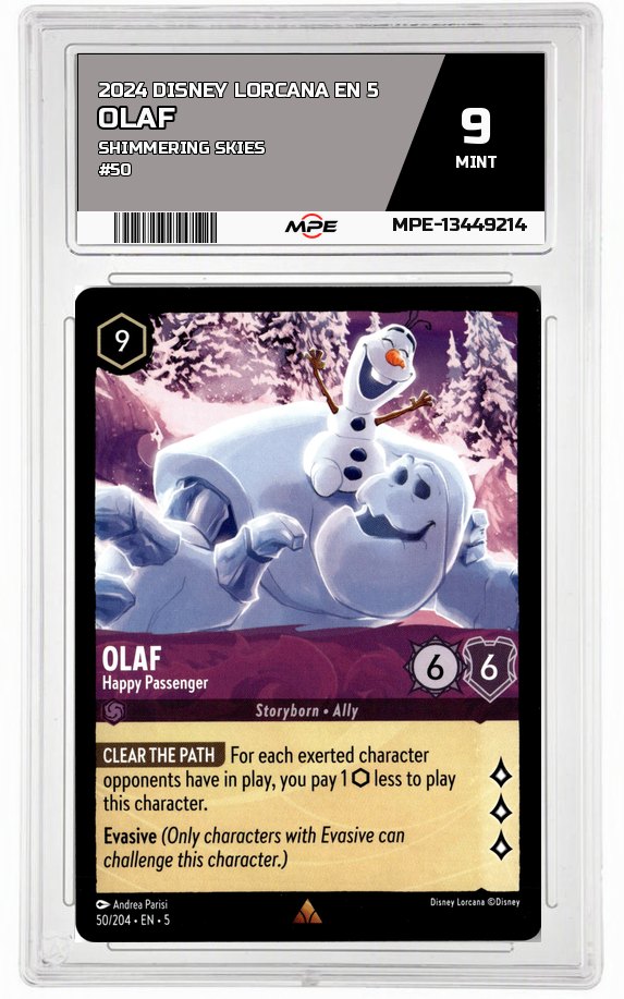 2024 DISNEY LORCANA EN 5 Shimmering Skies #50 OLAF MPE 9 MINT — graded card auctioned from the MPE vault