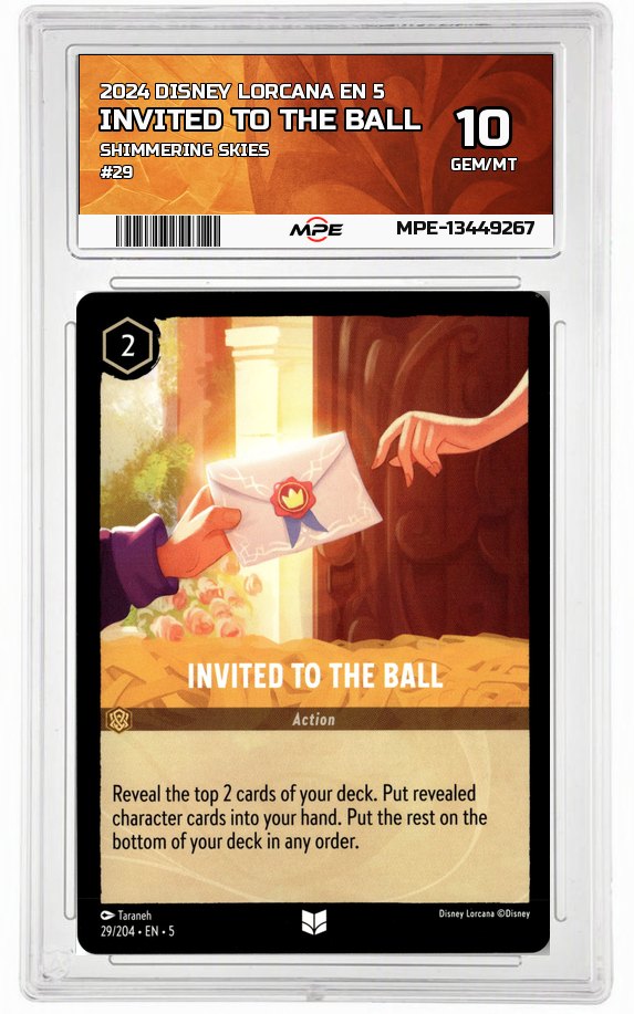 2024 DISNEY LORCANA EN 5 Shimmering Skies #29 INVITED TO THE BALL MPE 10 GEM/MT — graded card auctioned from the MPE vault