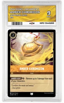 2024 DISNEY LORCANA EN 5 Shimmering Skies #32 AMBER CHROMICON MPE 9 MINT — graded card up for auction