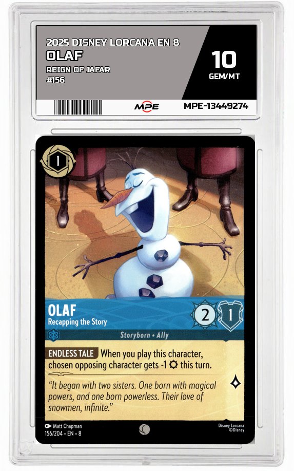 2025 DISNEY LORCANA EN 8 Reign of Jafar #156 OLAF MPE 10 GEM/MT — graded card auctioned from the MPE vault