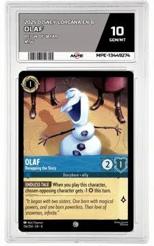 2025 DISNEY LORCANA EN 8 Reign of Jafar #156 OLAF MPE 10 GEM/MT — graded card up for auction