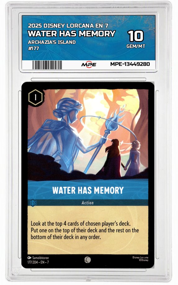 2025 DISNEY LORCANA EN 7 Archazia's Island #177 WATER HAS MEMORY MPE 10 GEM/MT — graded card auctioned from the MPE vault