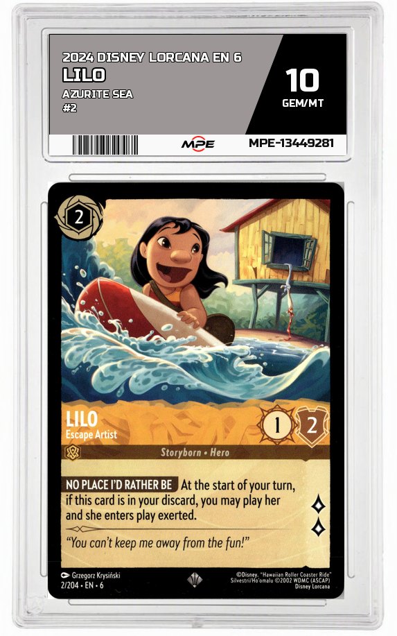 2024 DISNEY LORCANA EN 6 Azurite Sea #2 LILO MPE 10 GEM/MT — graded card auctioned from the MPE vault