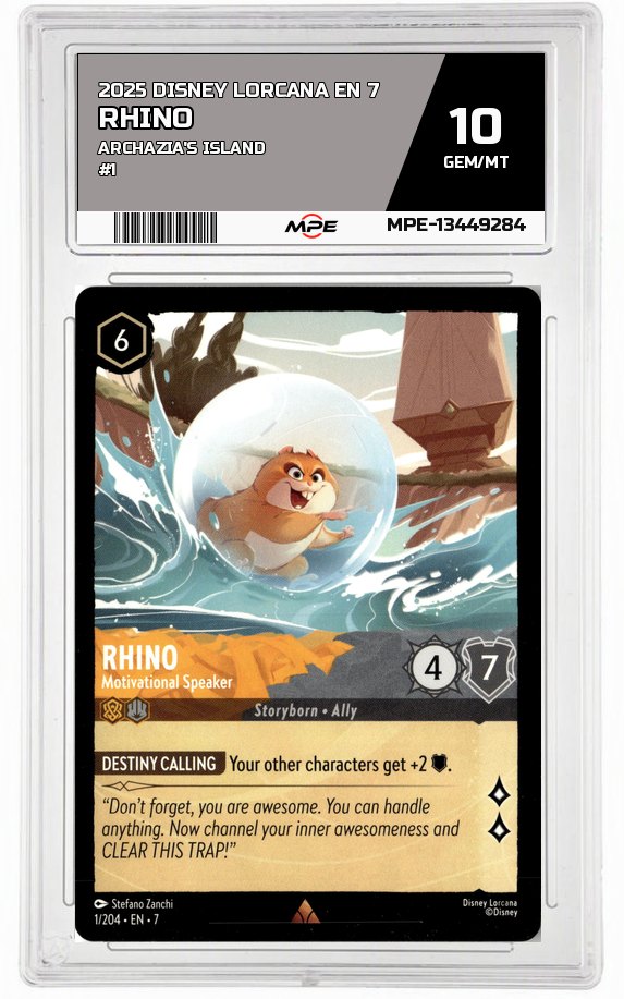2025 DISNEY LORCANA EN 7 Archazia's Island #1 RHINO MPE 10 GEM/MT — graded card auctioned from the MPE vault
